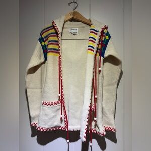 Vintage Collage ivory cardigan sweater native 70’s 80’s red blue yellow medium